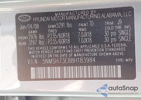 2008 Hyundai Santa Fe Limited/Se z USA, uszkodzony, nr VIN 5NMSH73E88H183984